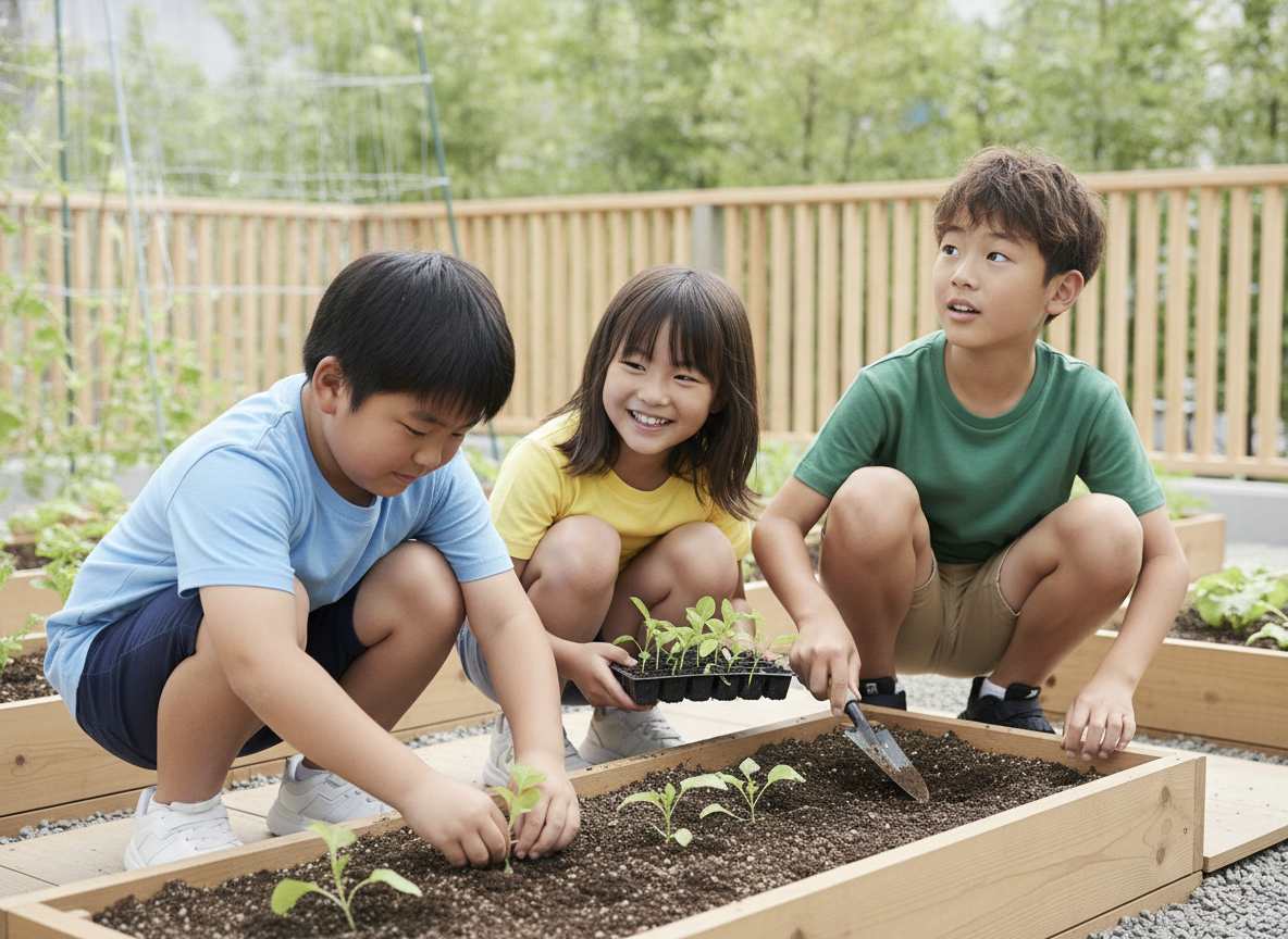 子どもたちが地域の畑で野菜の苗を植えている様子(イメージ)